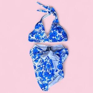 Blue 💙 Bikini Set | Floral Tie Halter, High Waist, Wrap Cover-Up